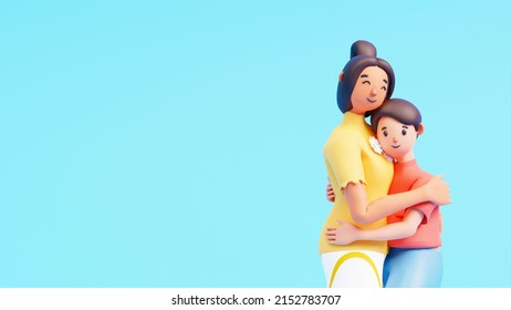 3D Young Woman Hugging Her Son And Copy Space On Blue Background. - Powered by Shutterstock