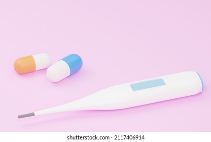 3DCG Thermometer And Antipyretic, Blue And Orange Capsules, Isometric