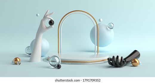3d-illustration Abstract Geometric Shapes Scene Minimal, Design For Cosmetic Or Product Display Podium Mannequin Hands