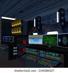 3D-illustration Of The Command Room In A Science Fiction Starship. 3D Illustration