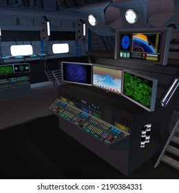 3D-illustration Of The Command Room In A Science Fiction Starship. 3D Illustration