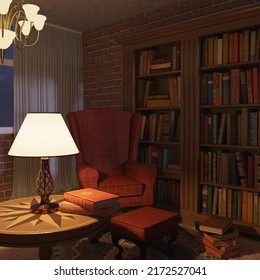 3D-Illustration of cozy reading corner with a table lamp and books
