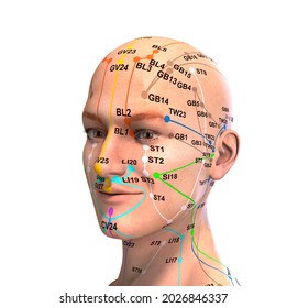 3d-illustration of Eastern or Asian acupuncture and acupressure points on a male body