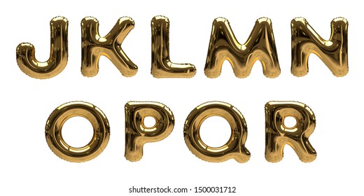 3D-Illustration of gold Foil Helium Balloon Alphabet Letters J, K, L, M, N, O, P, Q, R isolated on a white background