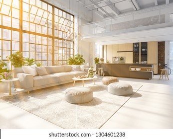 3D-Illustration. loft apartment with living room and kitchen.