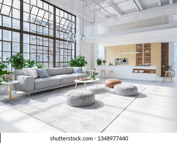 3D-Illustration. Loft Apartment With Living Room And Kitchen.