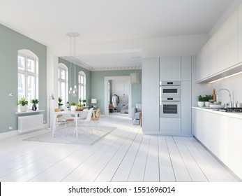 3D-Illustration. Loft Apartment With Living Room And Kitchen.