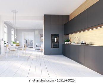 3D-Illustration. loft apartment with living room and kitchen.