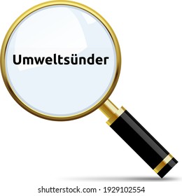 
3D-Illustration of a magnifying glass with text: Umweltsünder. German for: Polluters. Isolated on white background.
