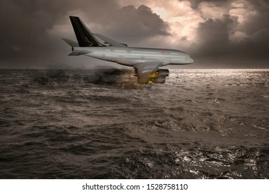 3D-Illustration Of A Plane Crashes Into The Sea