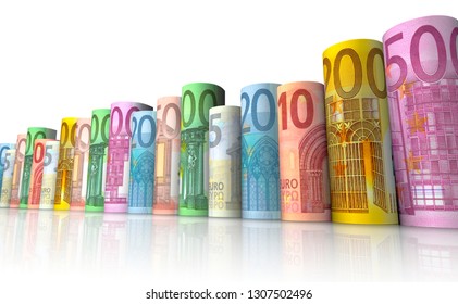 
3D-illustration, Rolls of Euro notes isolated on white background