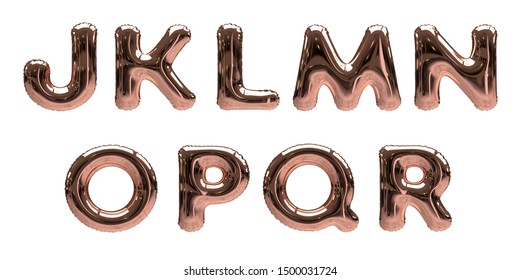 3D-Illustration of rose gold Foil Helium Balloon Alphabet Letters J, K, L, M, N, O, P, Q, R, isolated on a white background