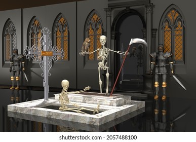 3D-Illustration Skeleton with scythe and skeleton sitting in the crypt with knight armor