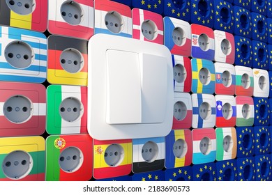 3D-Illustration Sockets In The Flags Of All EU Countries And A Big Switch.