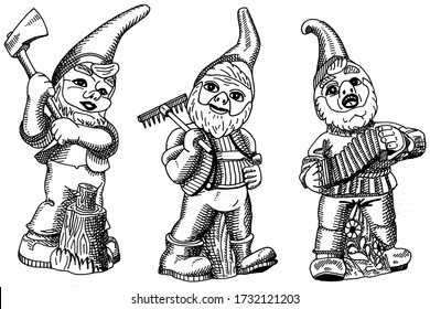3D-Illustration of three Classic Garden Gnomes isolated on white in black and white