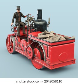 3D-illustration Of A Victorian Steampunk Steamroller. Isolated Rendering Object