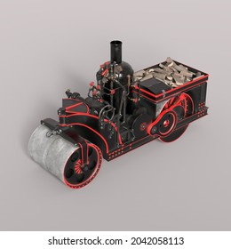 3D-illustration Of A Victorian Steampunk Steamroller. Isolated Rendering Object