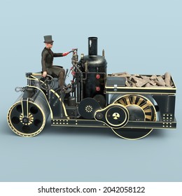 3D-illustration Of A Victorian Steampunk Steamroller. Isolated Rendering Object