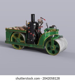 3D-illustration Of A Victorian Steampunk Steamroller. Isolated Rendering Object