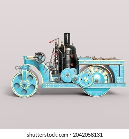 3D-illustration Of A Victorian Steampunk Steamroller. Isolated Rendering Object