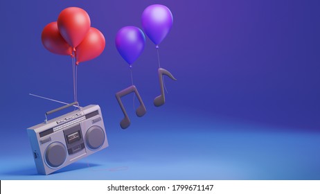 3D-image of boombox flying on balls. Nearby, notes also fly up on the balls.