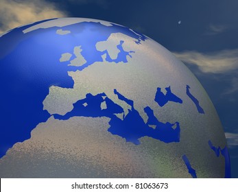 3D-modeled stylized representation of the planet earth on a sky background