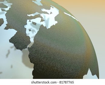 3D-modeled stylized representation of the planet earth on a warm colors sky background, representing concepts such as climatic changes, global warming, as well as pollution