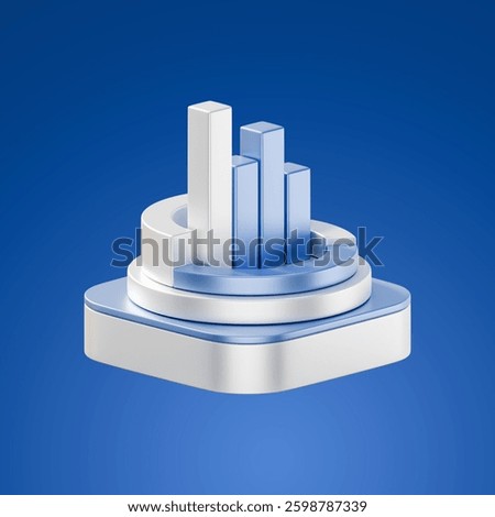 3D-rendered bar chart rises from a circular platform, symbolizing data analytics, financial growth, business performance, and statistical analysis. A blue-white scheme enhances its futuristic look.