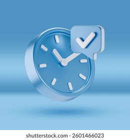 A 3D-rendered blue clock with a speech bubble featuring a checkmark, symbolizing time management, deadlines, scheduling, task completion, and productivity on a blue background.