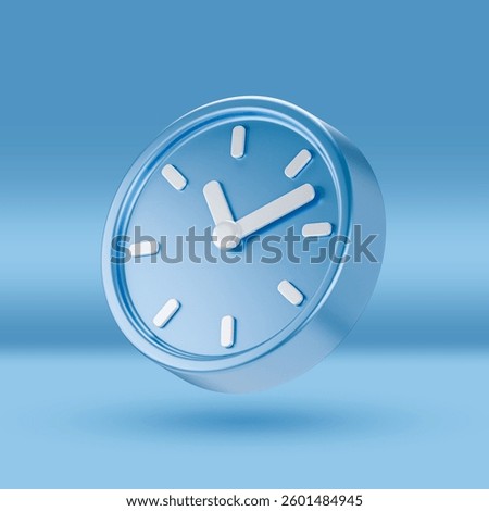 A 3D-rendered blue clock with white hands and markers, symbolizing time management, deadlines, punctuality, scheduling, and productivity on a blue background.