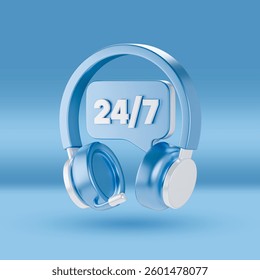 A 3D-rendered blue headset with a speech bubble displaying "24 7," symbolizing round-the-clock customer support, online assistance, and call center services on a blue background.