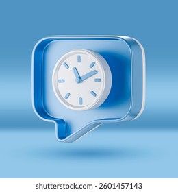 A 3D-rendered blue speech bubble with a clock icon, symbolizing time management, scheduling, deadlines, reminders, business communication, and productivity on a blue background.