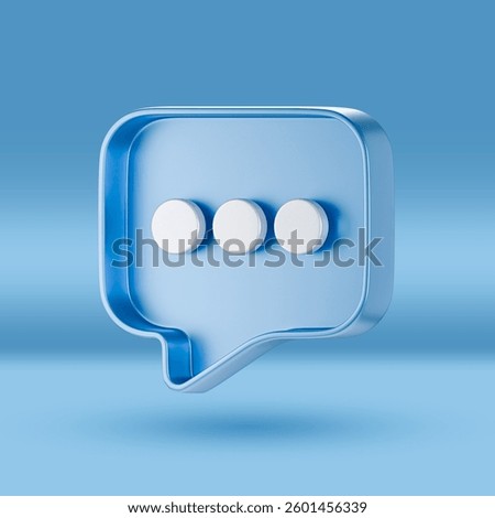 A 3D-rendered blue speech bubble with an ellipsis symbol, representing communication, online messaging, chat conversations, digital interaction, and social media engagement.