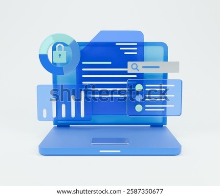 A 3d-rendered of computer laptop featuring cyber security and data analytics with clipping path on a grey background.