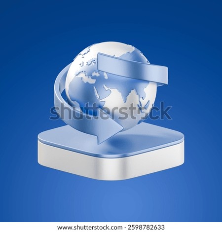 3D-rendered digital illustration of a globe with two dynamic arrows circling it, symbolizing global trade, international transactions, or worldwide connectivity. 