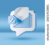 A 3D-rendered email envelope inside a speech bubble with a checkmark, symbolizing verified messages, email communication, digital marketing, and secure correspondence.