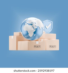 3D-rendered globe with shipping boxes and a security checkmark, symbolizing global logistics, international trade, secure shipping, supply chain management, and worldwide delivery services.