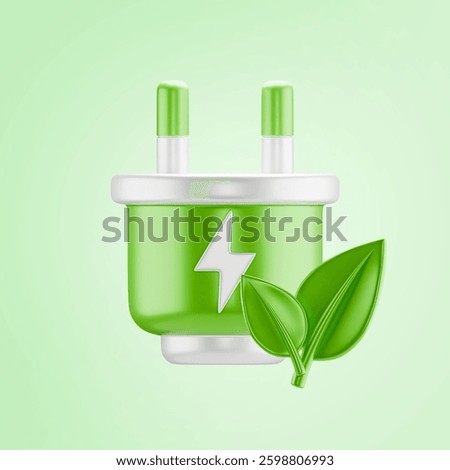 3D-rendered green electrical plug with a white lightning symbol and fresh green leaves, symbolizing renewable energy, eco-friendly power solutions, and sustainable technology.