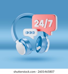 A 3D-rendered headset with speech bubbles displaying "24 7" and chat icons, symbolizing customer support, call centers, online assistance, and round-the-clock service.
