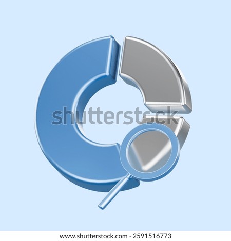 3D-rendered illustration of a segmented pie chart with a magnifying glass, symbolizing data analysis, business intelligence, market research, and financial insights.3D Rendering