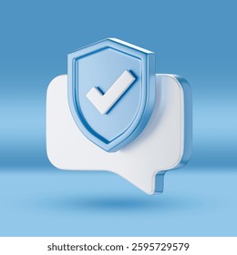 3D-rendered illustration of a speech bubble with a shield and checkmark, symbolizing secure communication, verified messages, online privacy, and cybersecurity.