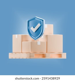 A 3D-rendered illustration of stacked shipping boxes on a wooden pallet with a blue shield and checkmark symbol, representing secure delivery, quality assurance, and reliable logistics. - Powered by Shutterstock - Get 15% off with code: PIKWIZARD15