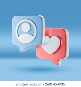 A 3D-rendered illustration of two speech bubbles, one with a user profile icon and the other with a heart, symbolizing social media engagement, relationships, and online interactions.