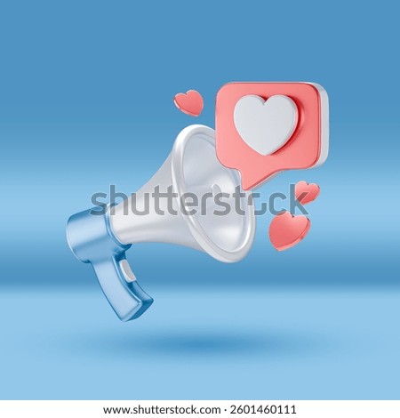 A 3D-rendered megaphone with a speech bubble containing a heart icon and floating hearts, symbolizing social media engagement, influencer marketing, and digital appreciation.