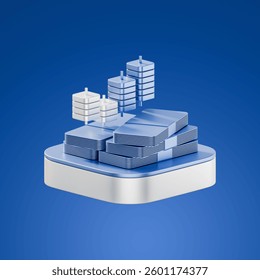 3D-rendered metallic blue stack of bundled cash with floating data server icons, placed on a solid blue background, symbolizing digital finance, cloud banking, financial technology