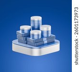 3D-rendered metallic blue stack of coins and bundled cash, placed on a geometric podium against a solid blue background, symbolizing wealth, financial growth, and investment.