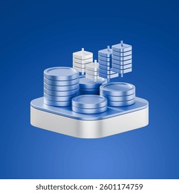 3D-rendered metallic blue stack of coins with floating data server icons, placed on a geometric podium against a solid blue background, symbolizing digital banking, cloud finance