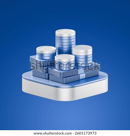 3D-rendered metallic blue stack of coins and bundled cash, placed on a geometric podium against a solid blue background, symbolizing wealth, financial growth, and investment.