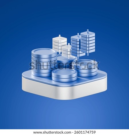 3D-rendered metallic blue stack of coins with floating data server icons, placed on a geometric podium against a solid blue background, symbolizing digital banking, cloud finance