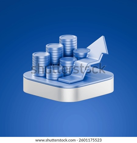 3D-rendered metallic blue stack of coins with an upward arrow, placed on a geometric podium against a solid blue background, symbolizing financial growth, investment, and economic success